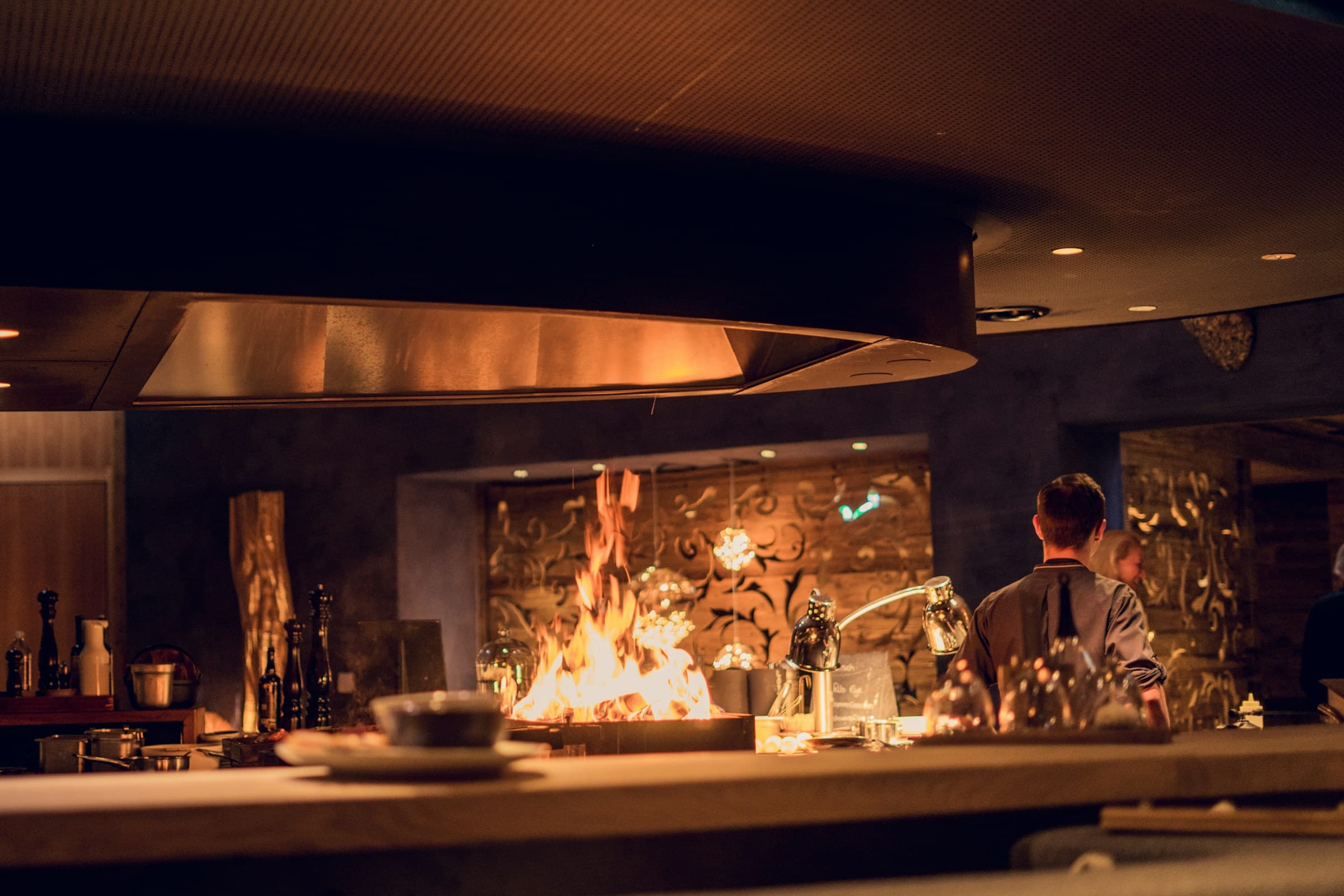 The chef's counter facing the hearth